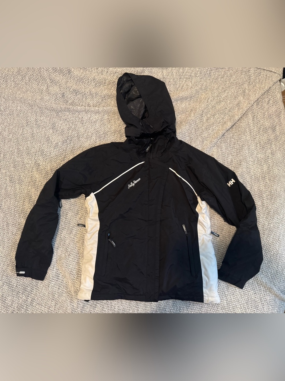 XL Helly Hansen Black & White Ski Jacket  - removable hood + vented underarms